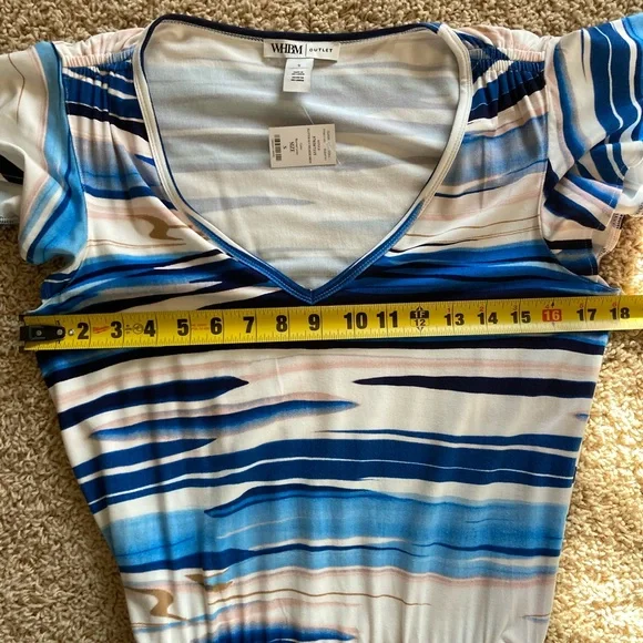 NWT: WHBM Striped Blue and White V-Neck Dress with tie belt and flutter sleeves - Picture 13 of 16